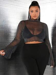SHEIN SXY Plus Top À Col Montant À Ourlet Ondulé Court Scintillant En Tulle (Sans Soutien-Gorge)