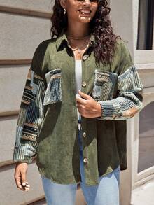 SHEIN LUNE 大碼色塊拼接圖案落肩袖燈芯絨夾克 - 軍綠色 - 查看 3