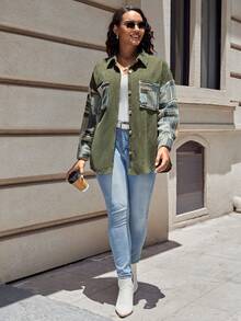 SHEIN LUNE 大碼色塊拼接圖案落肩袖燈芯絨夾克 - 軍綠色 - 查看 4