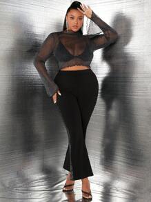 SHEIN SXY Plus Top À Col Montant À Ourlet Ondulé Court Scintillant En Tulle (Sans Soutien-Gorge)