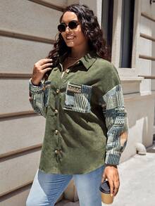 SHEIN LUNE 大碼色塊拼接圖案落肩袖燈芯絨夾克 - 軍綠色 - 查看 5