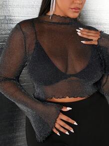 SHEIN SXY Plus Top À Col Montant À Ourlet Ondulé Court Scintillant En Tulle (Sans Soutien-Gorge)