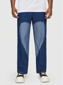 ROMWE MEN Street Life Men Colorblock Heart  Straight Leg Jeans - Dark Wash - View 1