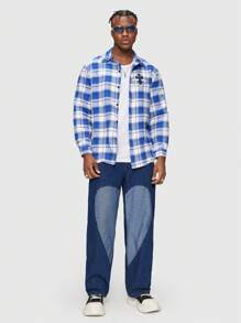 ROMWE MEN Street Life Men Colorblock Heart  Straight Leg Jeans - Dark Wash - View 2