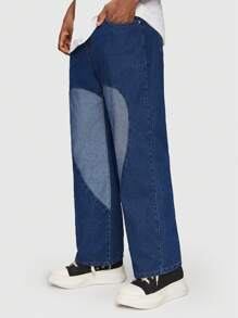 ROMWE MEN Street Life Men Colorblock Heart  Straight Leg Jeans - Dark Wash - View 3
