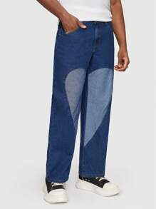 ROMWE MEN Street Life Men Colorblock Heart  Straight Leg Jeans - Dark Wash - View 4