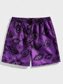 ROMWE MEN Goth Men Eye Print Drawstring Waist Shorts - Purple - View 1