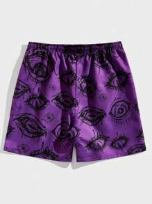 ROMWE MEN Goth Men Eye Print Drawstring Waist Shorts - Purple - View 2