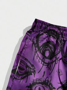 ROMWE MEN Goth Men Eye Print Drawstring Waist Shorts - Purple - View 3