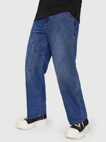 ROMWE MEN Guys Slant Pocket Straight Leg Jeans - Dark Wash - View 1