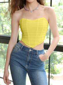 SHEIN MOD 素色褶邊頭巾下擺網紗抹胸上衣 - 黃色 - 查看 1