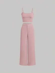 SHEIN MOD Solid Cami Top & Wide Leg Pants - Dusty Pink - View 1