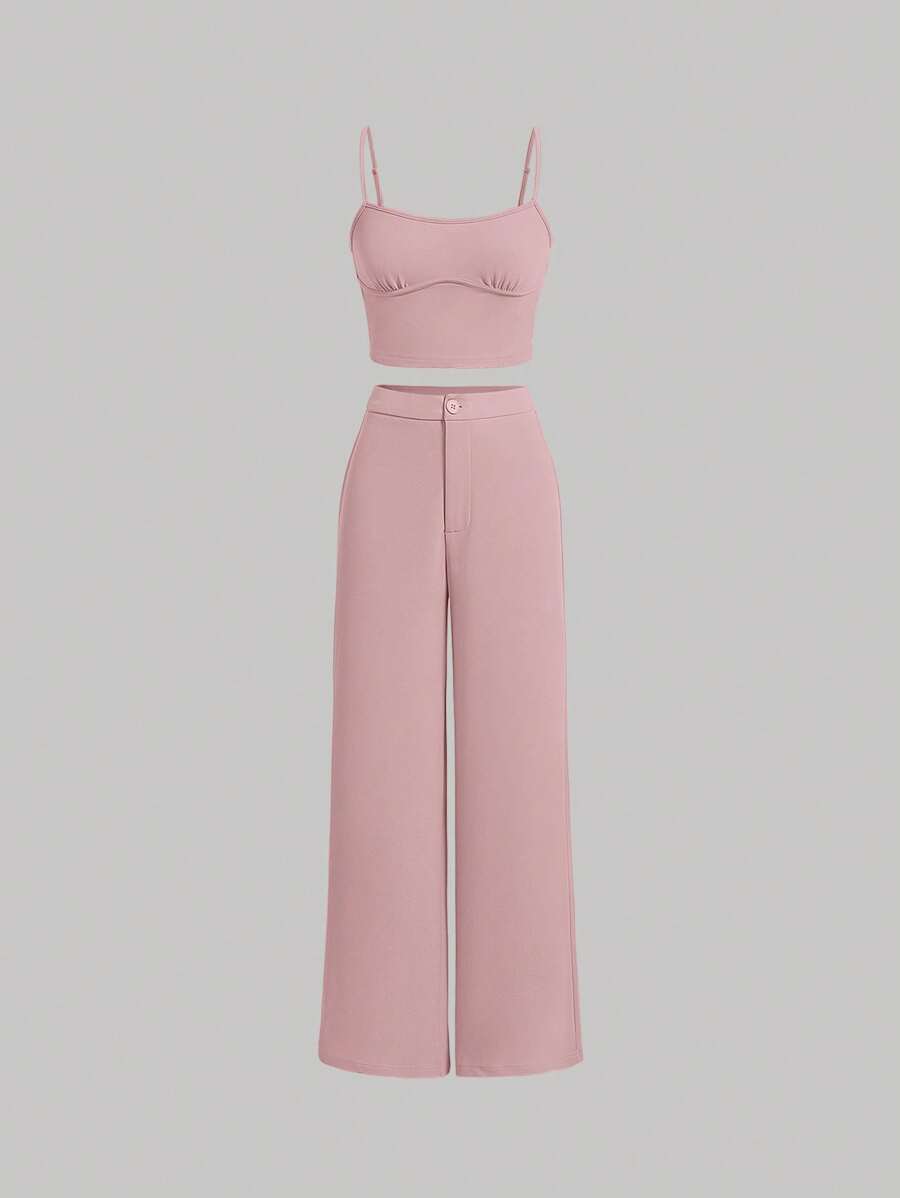SHEIN MOD Solid Cami Top & Wide Leg Pants - Dusty Pink - View 1