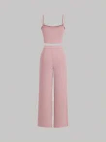 SHEIN MOD Solid Cami Top & Wide Leg Pants - Dusty Pink - View 2