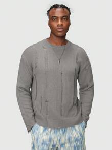 ROMWE MEN Grunge Punk 男士素色破洞毛衣 - 灰色 - 查看 1