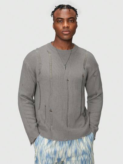 Grunge Punk Guys Solid Distressed Sweater