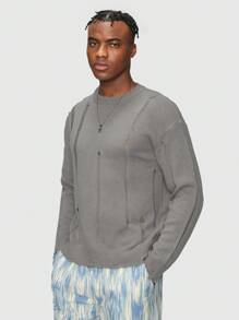 ROMWE MEN Grunge Punk 男士素色破洞毛衣 - 灰色 - 查看 3