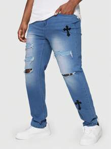 ROMWE MEN Goth Guys Cross Graphic Ripped Jeans - Medium Wash - View 1