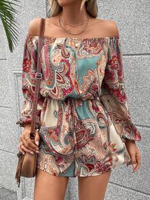 EMERY ROSE 佩斯利印花一字肩燈籠袖連身短褲 - 彩色 - 查看 3
