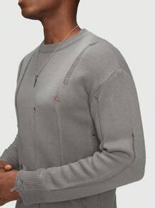 ROMWE MEN Grunge Punk 男士素色破洞毛衣 - 灰色 - 查看 4