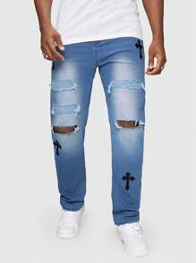 ROMWE MEN Goth Guys Cross Graphic Ripped Jeans - Medium Wash - View 4
