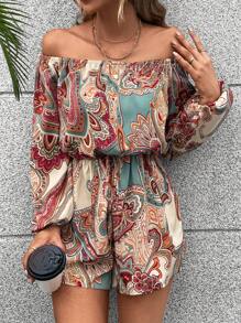 EMERY ROSE 佩斯利印花一字肩燈籠袖連身短褲 - 彩色 - 查看 4