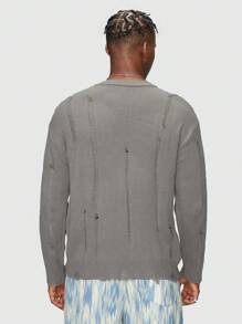 ROMWE MEN Grunge Punk 男士素色破洞毛衣 - 灰色 - 查看 5