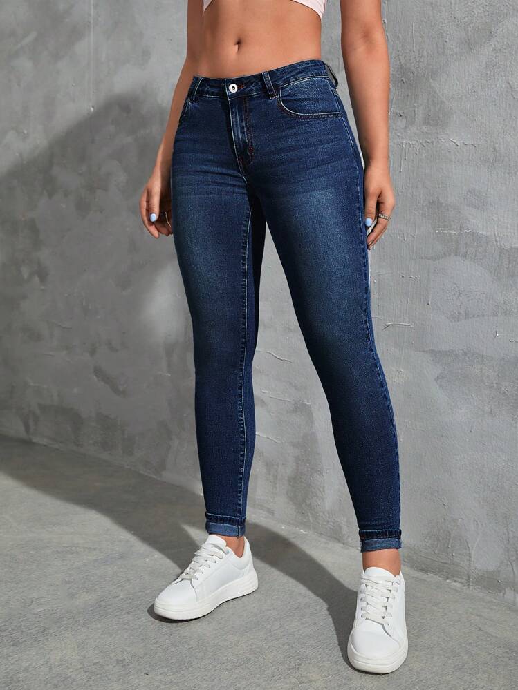 SHEIN Qutie Slant Pocket Skinny Jeans - Dark Wash - View 6