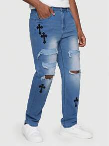 ROMWE MEN Goth Guys Cross Graphic Ripped Jeans - Medium Wash - View 5
