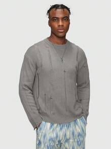 ROMWE MEN Grunge Punk 男士素色破洞毛衣 - 灰色 - 查看 6