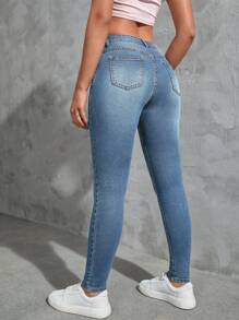 SHEIN Qutie 斜口袋緊身牛仔褲 - 淺色水洗藍 - 查看 2