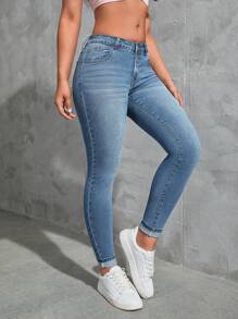 SHEIN Qutie 斜口袋緊身牛仔褲 - 淺色水洗藍 - 查看 3