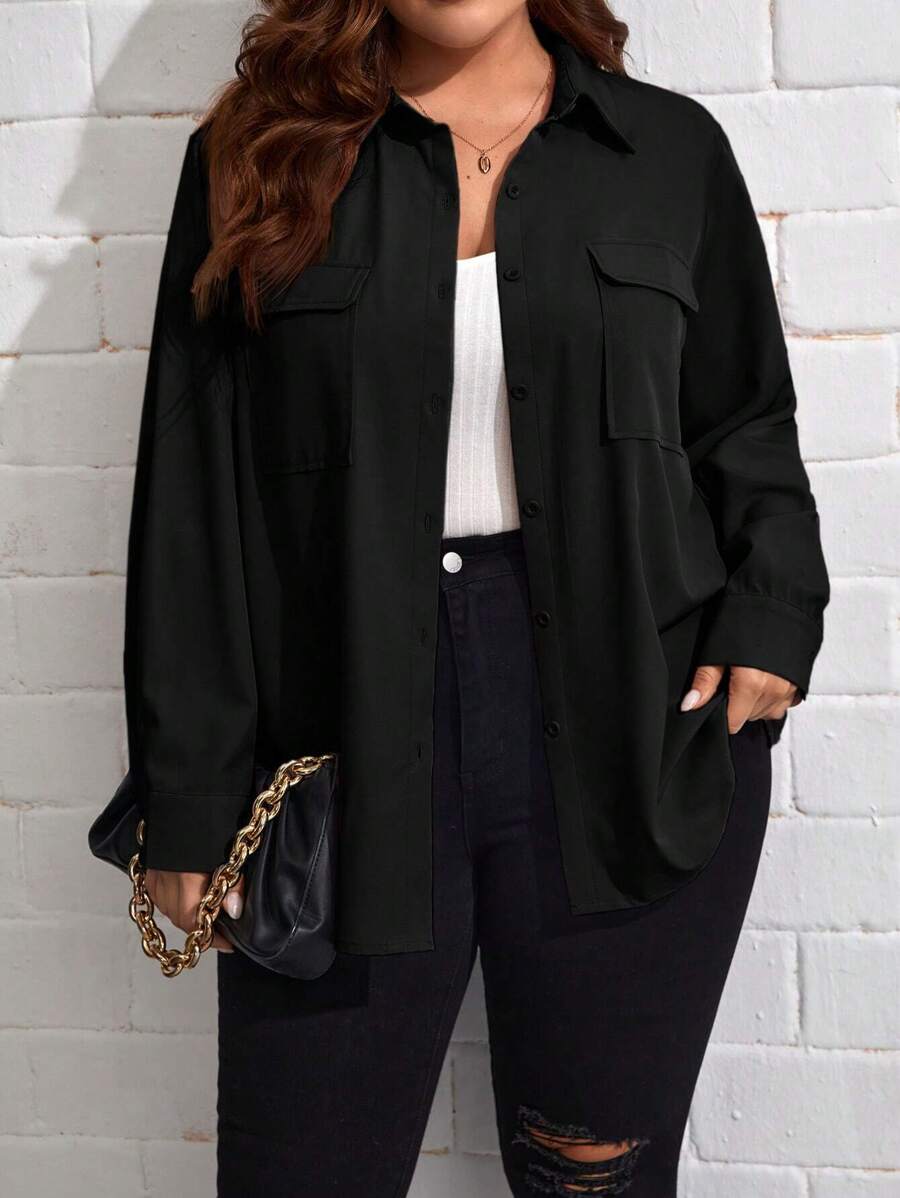 SHEIN Essnce Plus Flap Pocket Drop Shoulder Shirt - Black - View 1