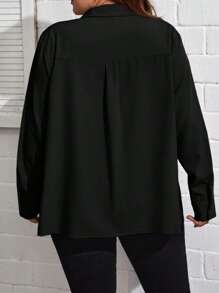 SHEIN Essnce Plus Flap Pocket Drop Shoulder Shirt - Black - View 2