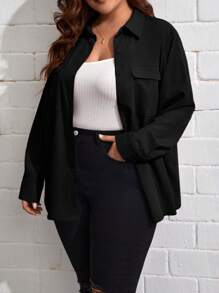 SHEIN Essnce Plus Flap Pocket Drop Shoulder Shirt - Black - View 3