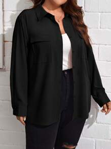 SHEIN Essnce Plus Flap Pocket Drop Shoulder Shirt - Black - View 4