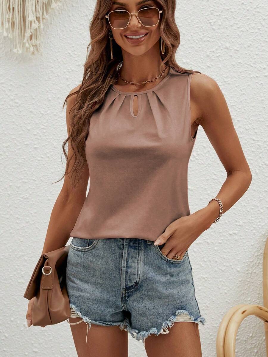 SHEIN LUNE Keyhole Neckline Tank Top - Dusty Pink - View 1
