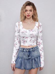 SHEIN MOD Floral Pattern Super Crop Cardigan & Knit Tank Top - Multicolor - View 6