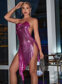 Zolique Asymmetrical Hem Metallic Cami Dress - Hot Pink - View 6