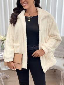 SHEIN LUNE Plus Dual Pocket Zip Up Teddy Coat - White - View 4