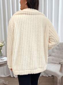 SHEIN LUNE Plus Dual Pocket Zip Up Teddy Coat - White - View 2