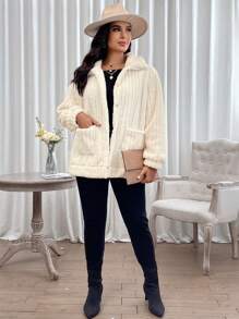 SHEIN LUNE Plus Dual Pocket Zip Up Teddy Coat - White - View 3