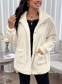 SHEIN LUNE Plus Dual Pocket Zip Up Teddy Coat - White - View 1
