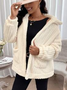 SHEIN LUNE Plus Dual Pocket Zip Up Teddy Coat - White - View 6