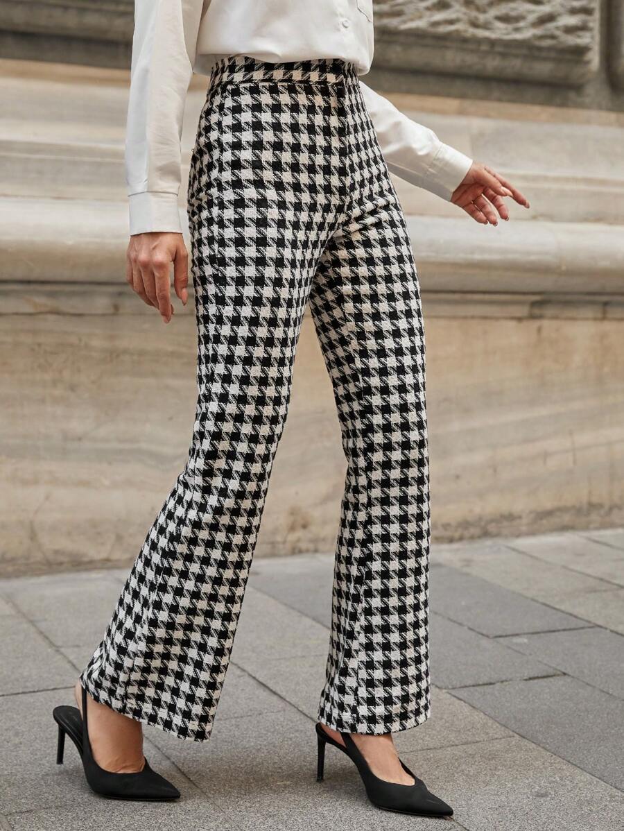 RueChic Houndstooth Print Flare Leg Suit Pants - Black and White - View 1