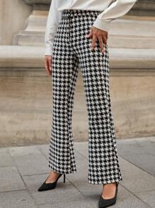 RueChic Houndstooth Print Flare Leg Suit Pants - Black and White - View 2