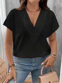 SHEIN LUNE Plus Solid Batwing Sleeve Blouse - Black - View 1