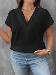 SHEIN LUNE Plus Solid Batwing Sleeve Blouse - Black - View 4