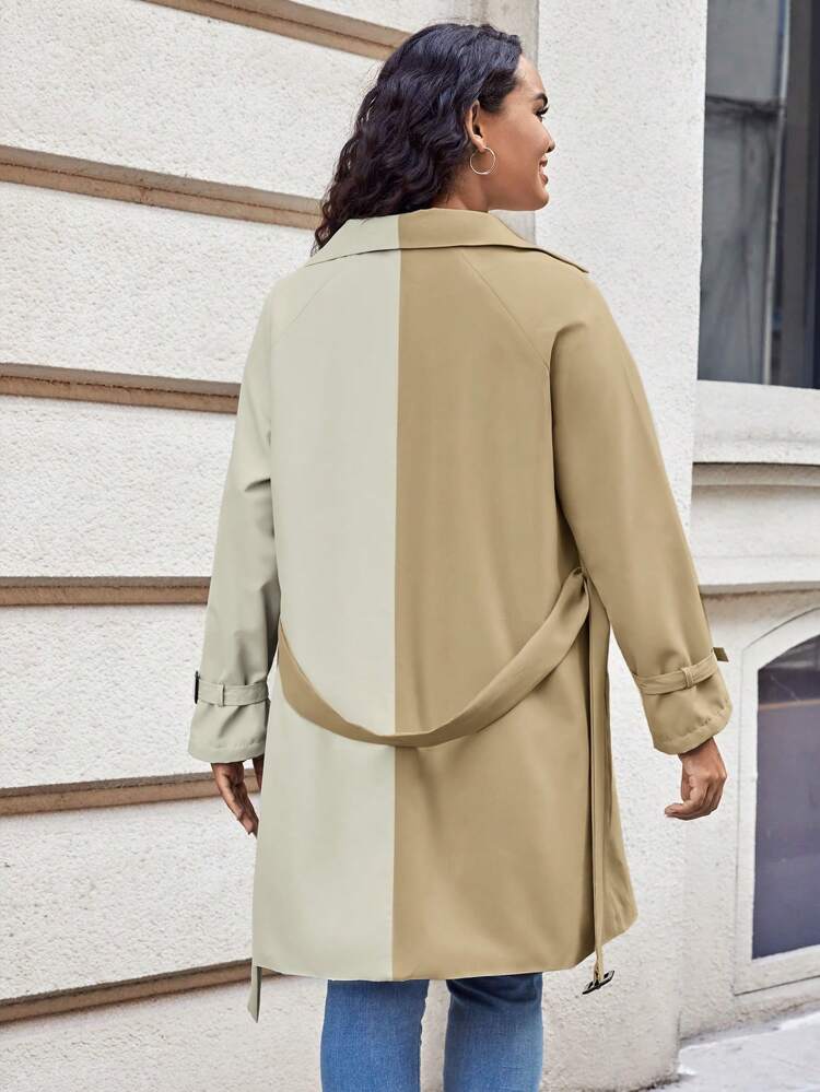Plus Two Tone Lapel Neck Belted Trench Coat
