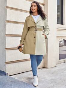 SHEIN LUNE 大碼雙色西裝領腰帶風衣外套 - 彩色 - 查看 5